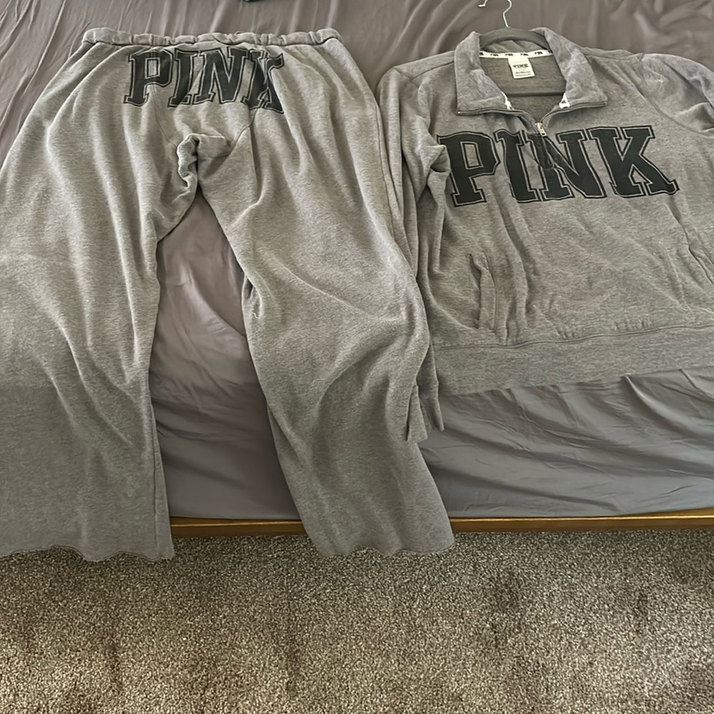 Pink sweat outfit gray sweater is a large pants are medium
